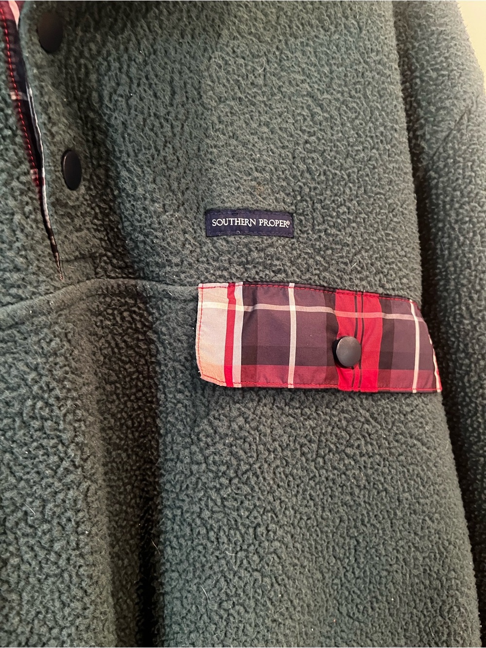 Southern Proper Green Fleece Snap Pullover with Plaid Trim - Picture 2 of 4